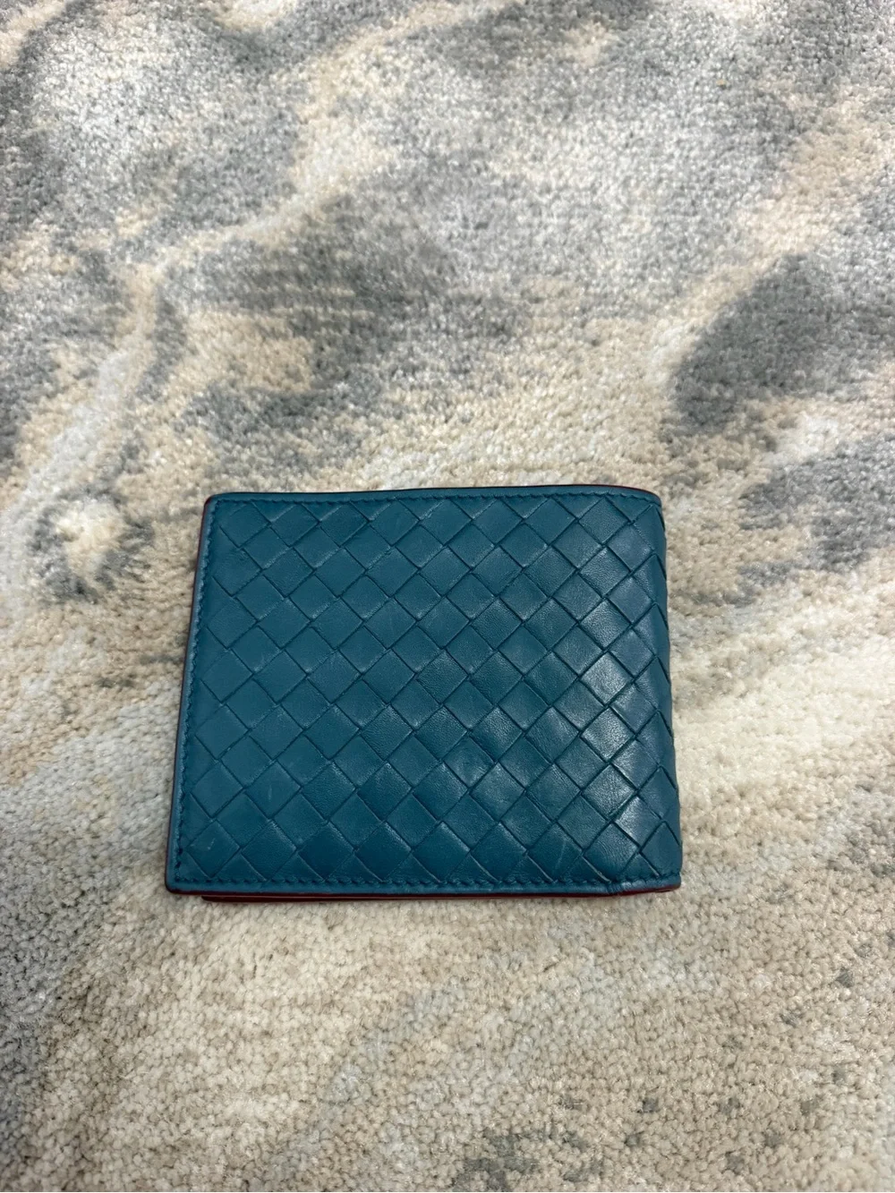 Bottega Veneta Mens Bifold Wallet in Teal with Burgundy Trim